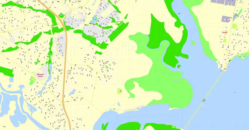 Printable Map Brisbane, Australia, exact vector street map, V11.11, fully editable, Adobe Illustrator, G-View Level 17 (100 meters scale), full vector, scalable, editable, text format of street names, 18 Mb ZIP.