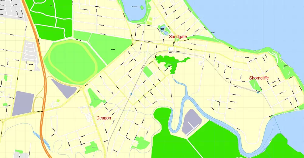 Printable Map Brisbane, Australia, exact vector street map, V11.11, fully editable, Adobe Illustrator, G-View Level 17 (100 meters scale), full vector, scalable, editable, text format of street names, 18 Mb ZIP.