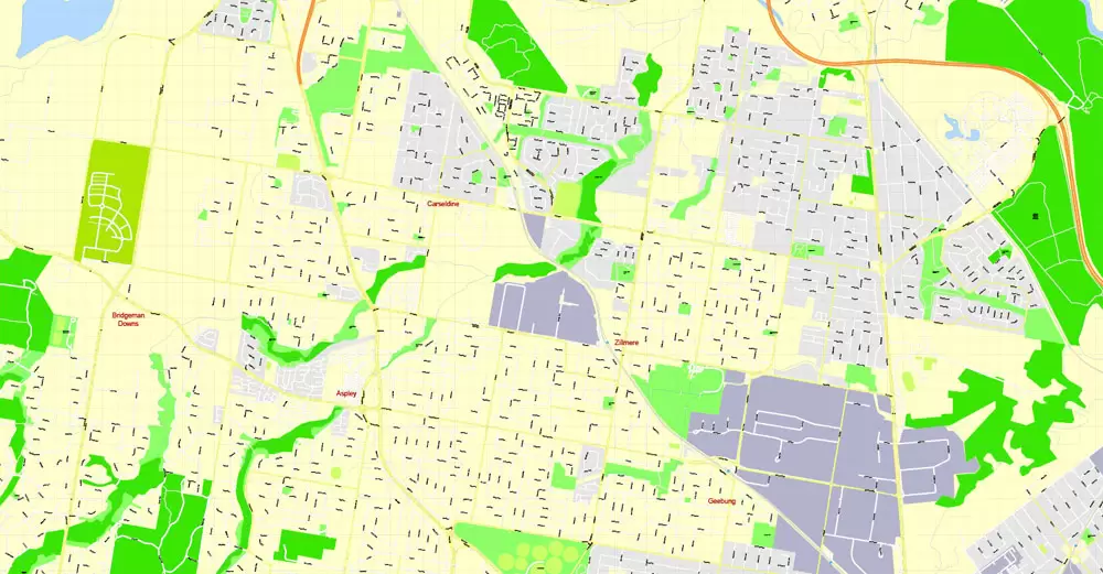 Printable Map Brisbane, Australia, exact vector street map, V11.11, fully editable, Adobe Illustrator, G-View Level 17 (100 meters scale), full vector, scalable, editable, text format of street names, 18 Mb ZIP.