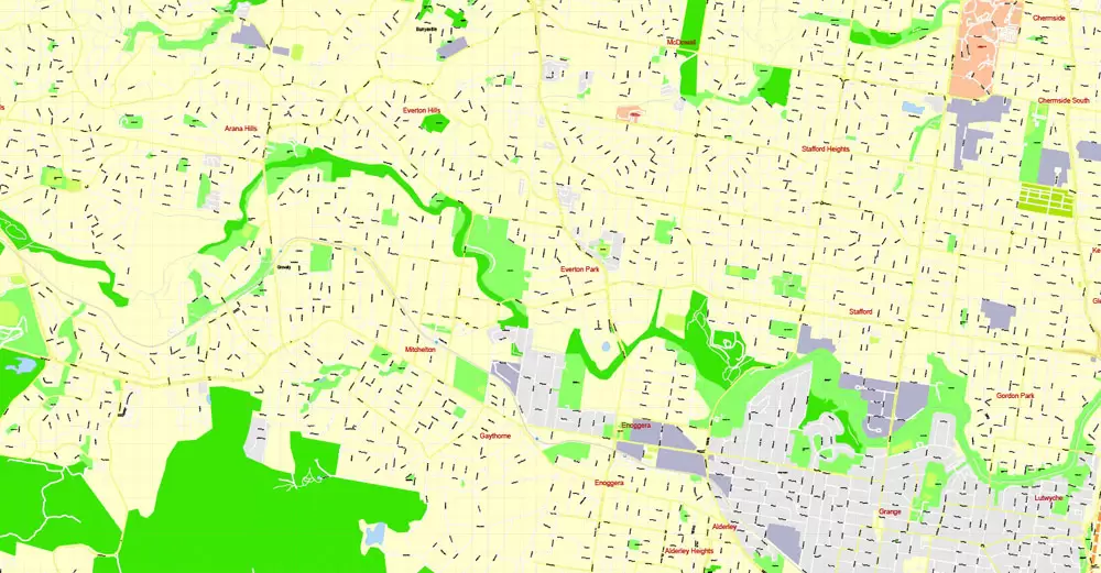 Printable Map Brisbane, Australia, exact vector street map, V11.11, fully editable, Adobe Illustrator, G-View Level 17 (100 meters scale), full vector, scalable, editable, text format of street names, 18 Mb ZIP.