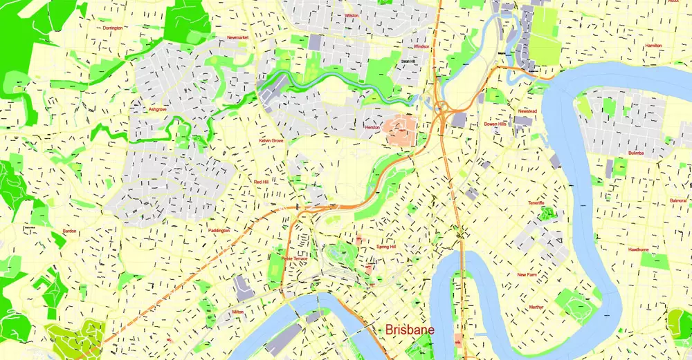 Printable Map Brisbane, Australia, exact vector street map, V11.11, fully editable, Adobe Illustrator, G-View Level 17 (100 meters scale), full vector, scalable, editable, text format of street names, 18 Mb ZIP.