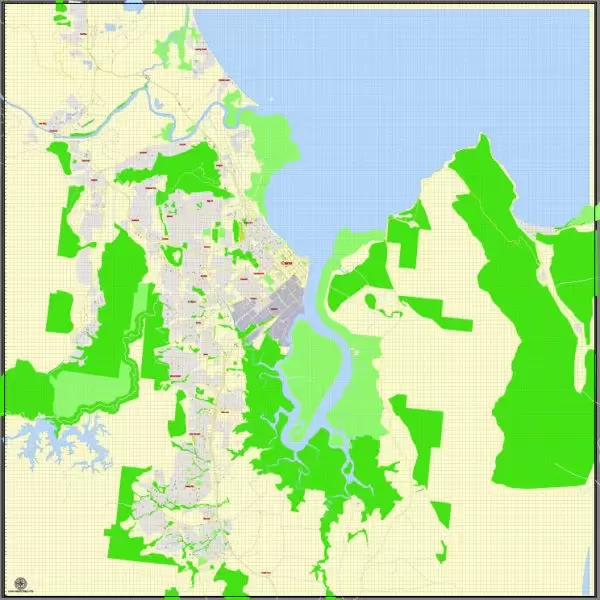 Printable Map Cairns, Australia, exact vector street map, V11.11, fully editable, Adobe Illustrator, G-View Level 17 (100 meters scale), full vector, scalable, editable, text format of street names, 2 Mb ZIP.