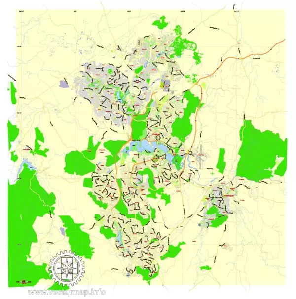 Printable Map Canberra, Australia, exact vector street map, V27.11, fully editable, Adobe Illustrator, G-View Level 13 (2000 meters scale), full vector, scalable, editable, text format of street names, 2 Mb ZIP.