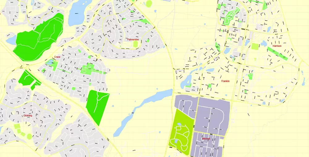 Printable Map Canberra, Australia, exact vector street map, V11.11, fully editable, Adobe Illustrator, G-View Level 17 (100 meters scale), full vector, scalable, editable, text format of street names, 8 Mb ZIP.