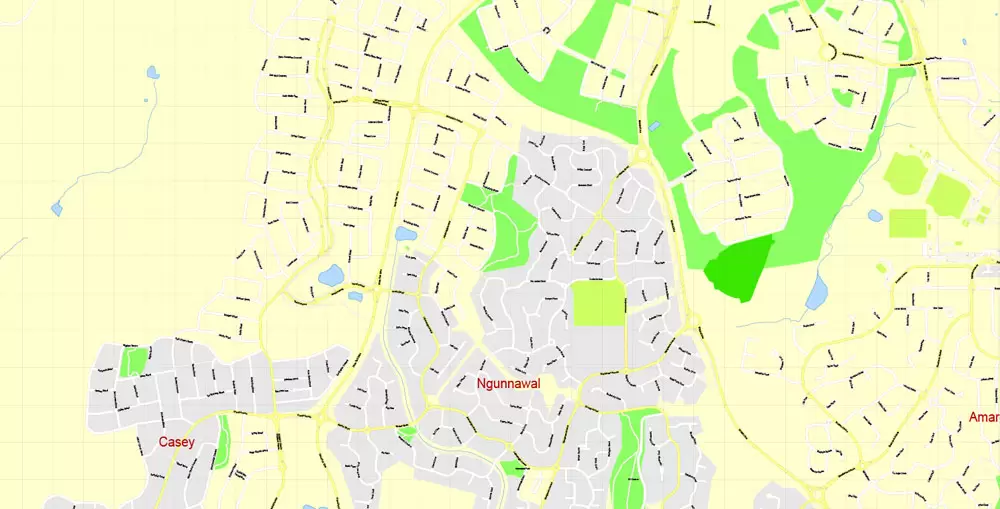 Printable Map Canberra, Australia, exact vector street map, V11.11, fully editable, Adobe Illustrator, G-View Level 17 (100 meters scale), full vector, scalable, editable, text format of street names, 8 Mb ZIP.