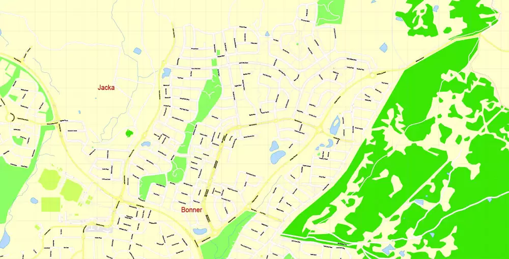 Printable Map Canberra, Australia, exact vector street map, V11.11, fully editable, Adobe Illustrator, G-View Level 17 (100 meters scale), full vector, scalable, editable, text format of street names, 8 Mb ZIP.