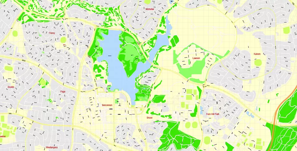 Printable Map Canberra, Australia, exact vector street map, V11.11, fully editable, Adobe Illustrator, G-View Level 17 (100 meters scale), full vector, scalable, editable, text format of street names, 8 Mb ZIP.