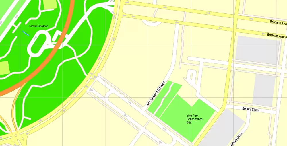 Printable Map Canberra, Australia, exact vector street map, V11.11, fully editable, Adobe Illustrator, G-View Level 17 (100 meters scale), full vector, scalable, editable, text format of street names, 8 Mb ZIP.