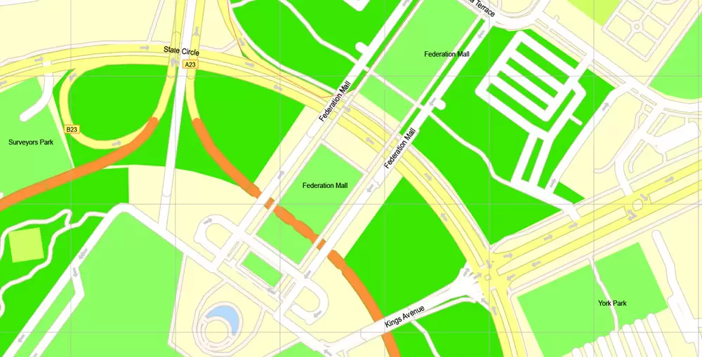 Printable Map Canberra, Australia, exact vector street map, V11.11, fully editable, Adobe Illustrator, G-View Level 17 (100 meters scale), full vector, scalable, editable, text format of street names, 8 Mb ZIP.