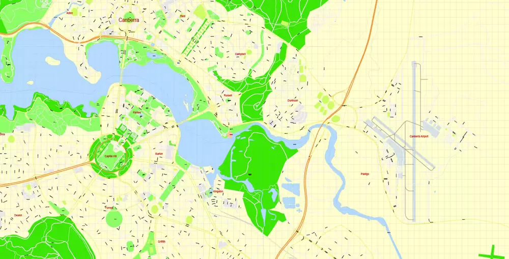 Printable Map Canberra, Australia, exact vector street map, V11.11, fully editable, Adobe Illustrator, G-View Level 17 (100 meters scale), full vector, scalable, editable, text format of street names, 8 Mb ZIP.