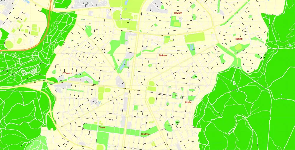 Printable Map Canberra, Australia, exact vector street map, V11.11, fully editable, Adobe Illustrator, G-View Level 17 (100 meters scale), full vector, scalable, editable, text format of street names, 8 Mb ZIP.