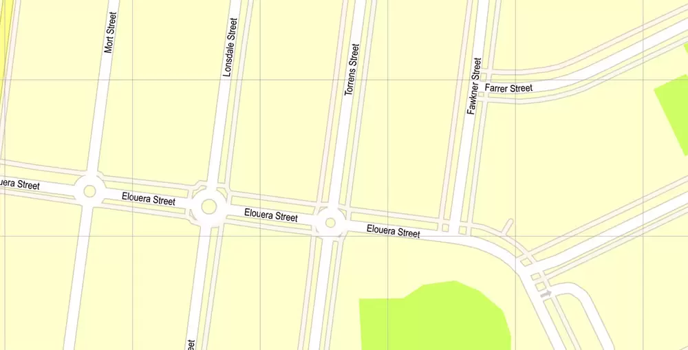 Printable Map Canberra, Australia, exact vector street map, V11.11, fully editable, Adobe Illustrator, G-View Level 17 (100 meters scale), full vector, scalable, editable, text format of street names, 8 Mb ZIP.