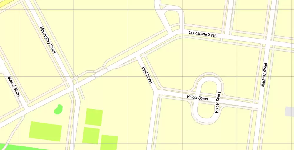 Printable Map Canberra, Australia, exact vector street map, V11.11, fully editable, Adobe Illustrator, G-View Level 17 (100 meters scale), full vector, scalable, editable, text format of street names, 8 Mb ZIP.