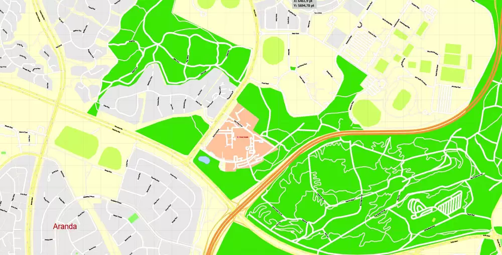 Printable Map Canberra, Australia, exact vector street map, V11.11, fully editable, Adobe Illustrator, G-View Level 17 (100 meters scale), full vector, scalable, editable, text format of street names, 8 Mb ZIP.