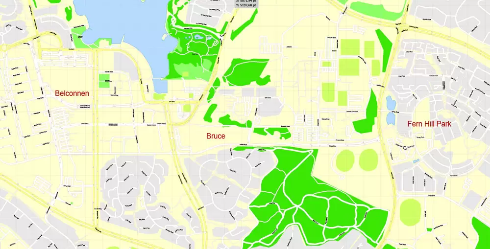 Printable Map Canberra, Australia, exact vector street map, V11.11, fully editable, Adobe Illustrator, G-View Level 17 (100 meters scale), full vector, scalable, editable, text format of street names, 8 Mb ZIP.