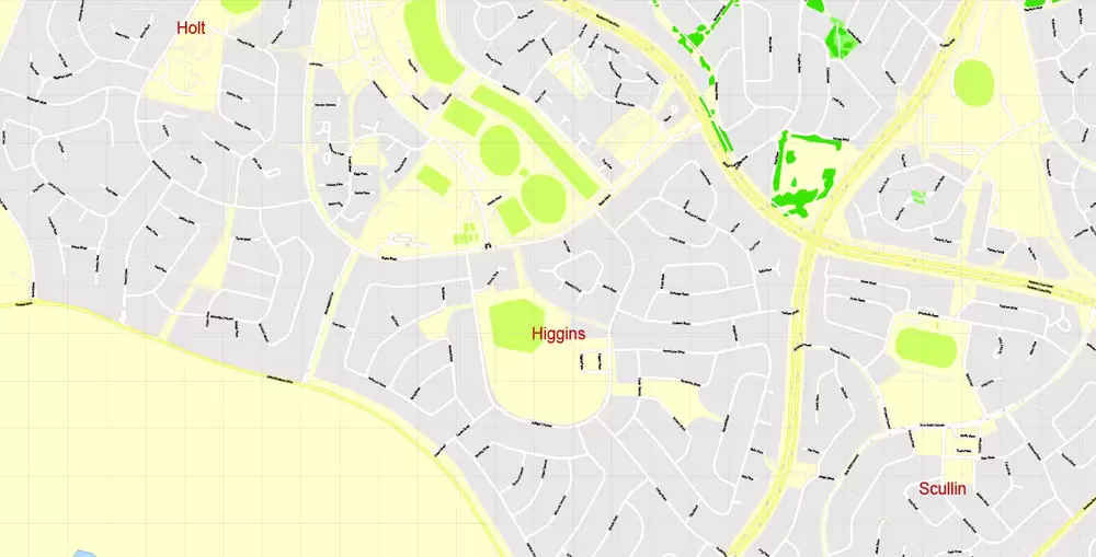 Printable Map Canberra, Australia, exact vector street map, V11.11, fully editable, Adobe Illustrator, G-View Level 17 (100 meters scale), full vector, scalable, editable, text format of street names, 8 Mb ZIP.