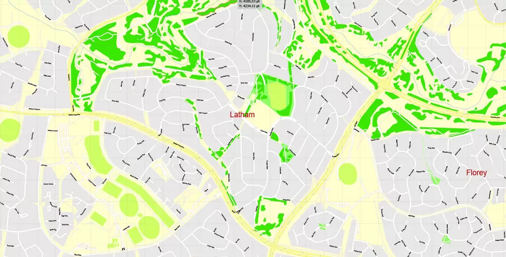 Printable Map Canberra, Australia, exact vector street map, V11.11, fully editable, Adobe Illustrator, G-View Level 17 (100 meters scale), full vector, scalable, editable, text format of street names, 8 Mb ZIP.
