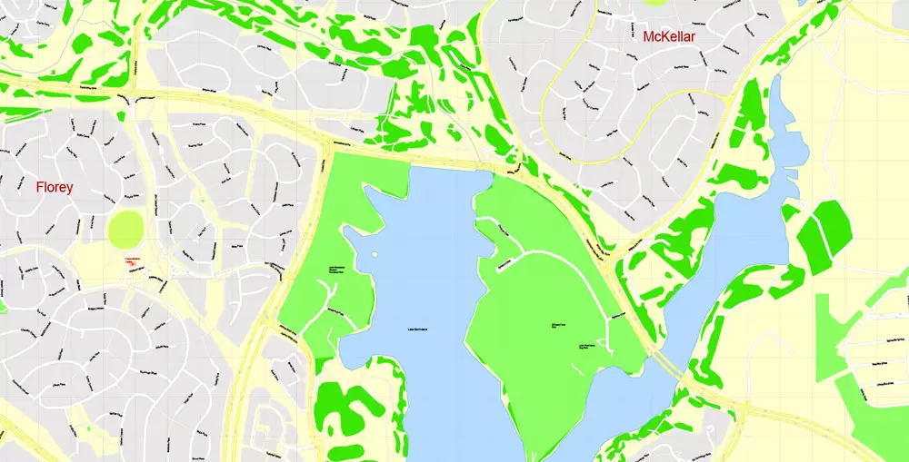 Printable Map Canberra, Australia, exact vector street map, V11.11, fully editable, Adobe Illustrator, G-View Level 17 (100 meters scale), full vector, scalable, editable, text format of street names, 8 Mb ZIP.