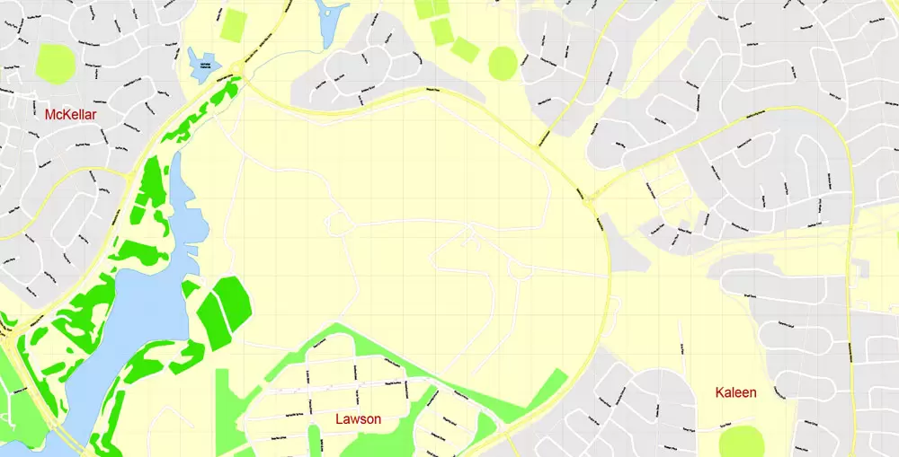 Printable Map Canberra, Australia, exact vector street map, V11.11, fully editable, Adobe Illustrator, G-View Level 17 (100 meters scale), full vector, scalable, editable, text format of street names, 8 Mb ZIP.