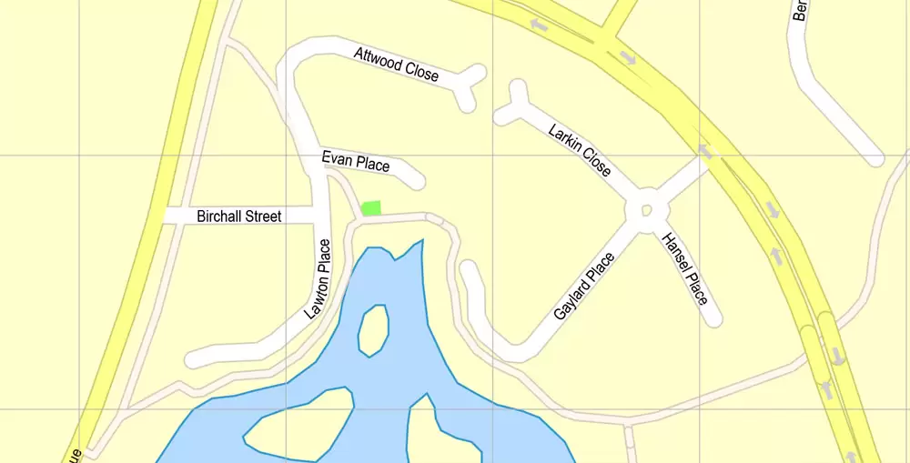 Printable Map Canberra, Australia, exact vector street map, V11.11, fully editable, Adobe Illustrator, G-View Level 17 (100 meters scale), full vector, scalable, editable, text format of street names, 8 Mb ZIP.