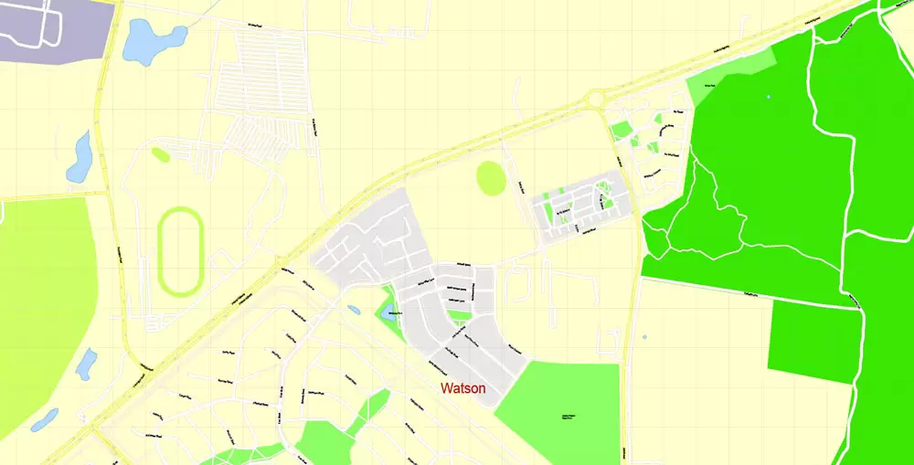 Printable Map Canberra, Australia, exact vector street map, V11.11, fully editable, Adobe Illustrator, G-View Level 17 (100 meters scale), full vector, scalable, editable, text format of street names, 8 Mb ZIP.