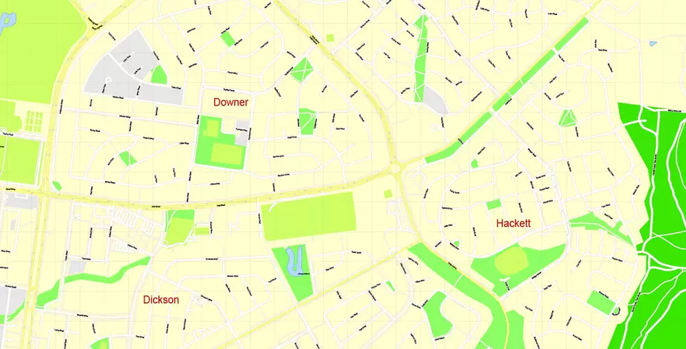 Printable Map Canberra, Australia, exact vector street map, V11.11, fully editable, Adobe Illustrator, G-View Level 17 (100 meters scale), full vector, scalable, editable, text format of street names, 8 Mb ZIP.
