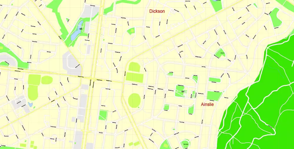 Printable Map Canberra, Australia, exact vector street map, V11.11, fully editable, Adobe Illustrator, G-View Level 17 (100 meters scale), full vector, scalable, editable, text format of street names, 8 Mb ZIP.