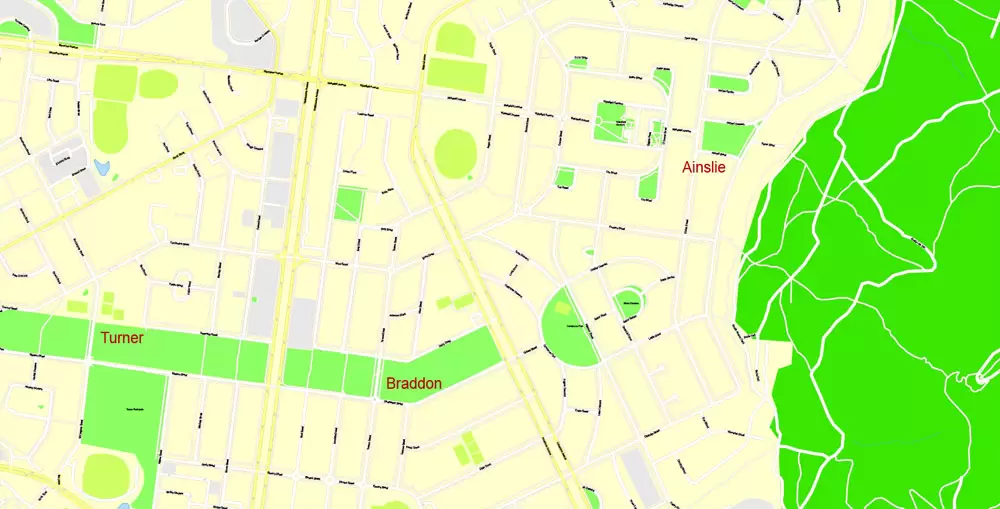 Printable Map Canberra, Australia, exact vector street map, V11.11, fully editable, Adobe Illustrator, G-View Level 17 (100 meters scale), full vector, scalable, editable, text format of street names, 8 Mb ZIP.