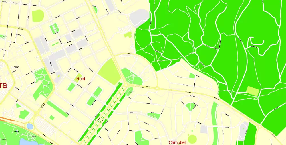 Printable Map Canberra, Australia, exact vector street map, V11.11, fully editable, Adobe Illustrator, G-View Level 17 (100 meters scale), full vector, scalable, editable, text format of street names, 8 Mb ZIP.