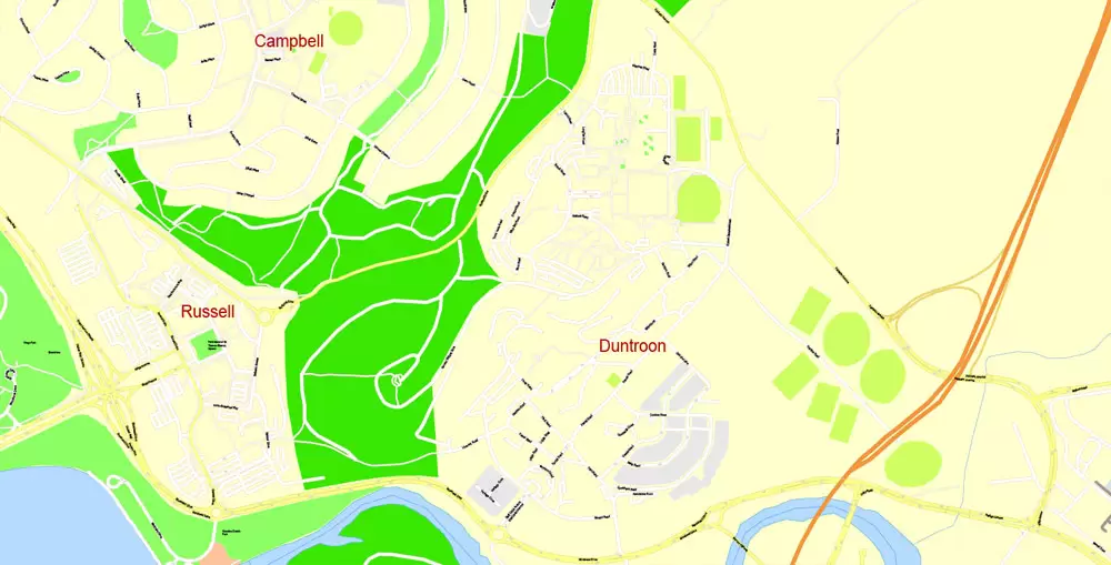 Printable Map Canberra, Australia, exact vector street map, V11.11, fully editable, Adobe Illustrator, G-View Level 17 (100 meters scale), full vector, scalable, editable, text format of street names, 8 Mb ZIP.