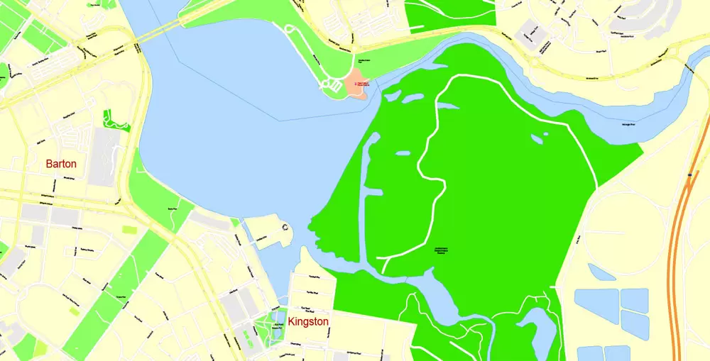 Printable Map Canberra, Australia, exact vector street map, V11.11, fully editable, Adobe Illustrator, G-View Level 17 (100 meters scale), full vector, scalable, editable, text format of street names, 8 Mb ZIP.