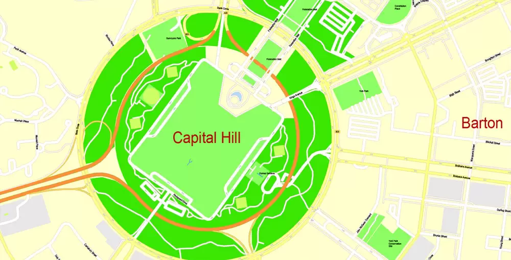Printable Map Canberra, Australia, exact vector street map, V11.11, fully editable, Adobe Illustrator, G-View Level 17 (100 meters scale), full vector, scalable, editable, text format of street names, 8 Mb ZIP.