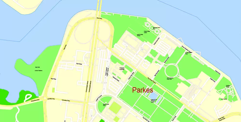 Printable Map Canberra, Australia, exact vector street map, V11.11, fully editable, Adobe Illustrator, G-View Level 17 (100 meters scale), full vector, scalable, editable, text format of street names, 8 Mb ZIP.