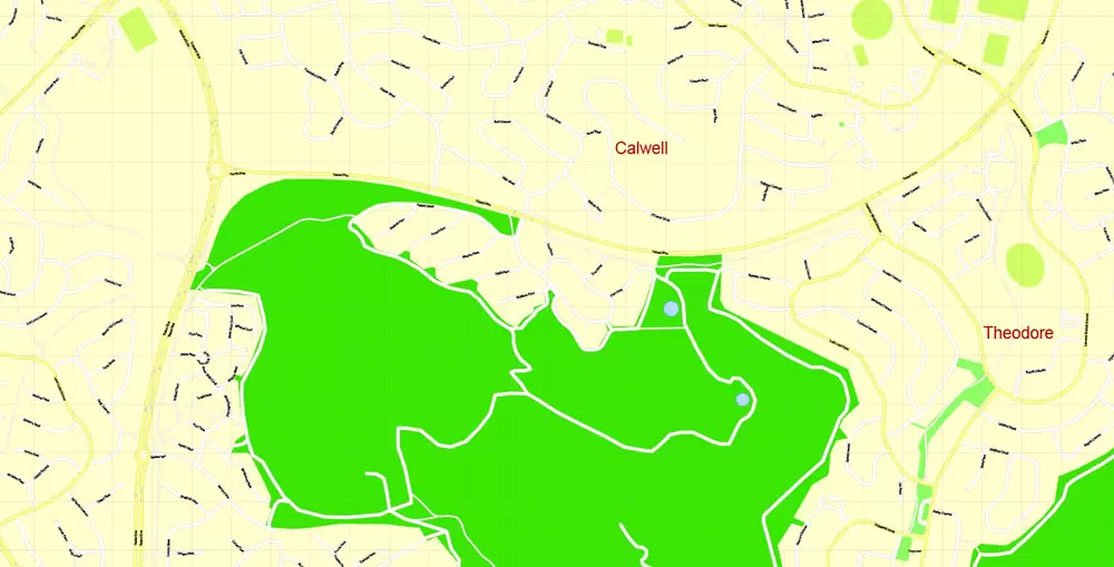 Printable Map Canberra, Australia, exact vector street map, V11.11, fully editable, Adobe Illustrator, G-View Level 17 (100 meters scale), full vector, scalable, editable, text format of street names, 8 Mb ZIP.