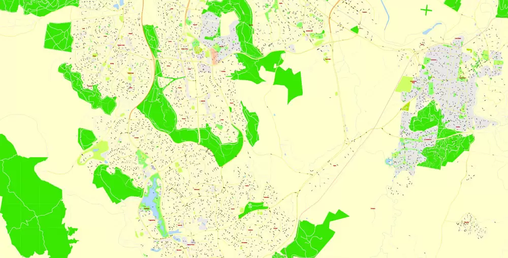 Printable Map Canberra, Australia, exact vector street map, V11.11, fully editable, Adobe Illustrator, G-View Level 17 (100 meters scale), full vector, scalable, editable, text format of street names, 8 Mb ZIP.
