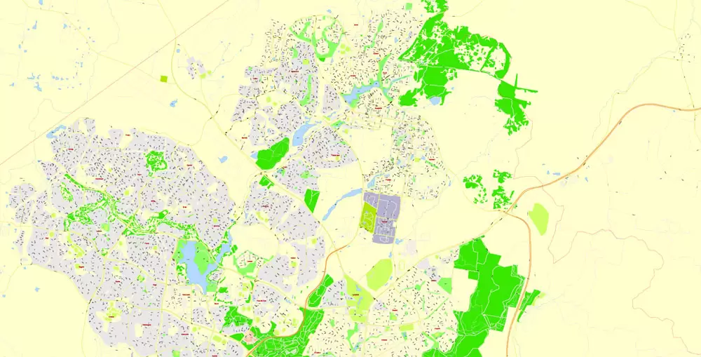 Printable Map Canberra, Australia, exact vector street map, V11.11, fully editable, Adobe Illustrator, G-View Level 17 (100 meters scale), full vector, scalable, editable, text format of street names, 8 Mb ZIP.