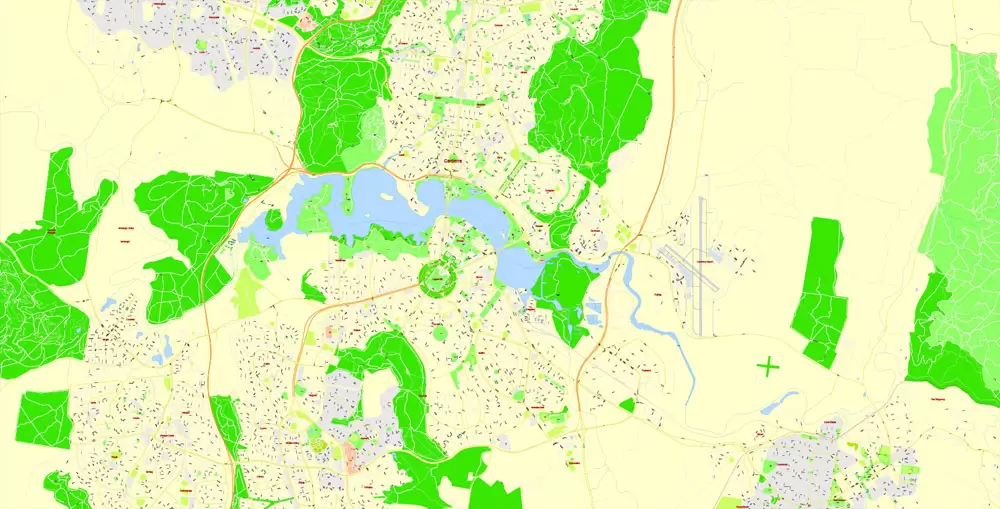 Printable Map Canberra, Australia, exact vector street map, V11.11, fully editable, Adobe Illustrator, G-View Level 17 (100 meters scale), full vector, scalable, editable, text format of street names, 8 Mb ZIP.