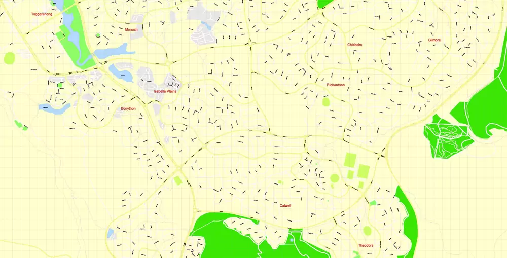 Printable Map Canberra, Australia, exact vector street map, V11.11, fully editable, Adobe Illustrator, G-View Level 17 (100 meters scale), full vector, scalable, editable, text format of street names, 8 Mb ZIP.