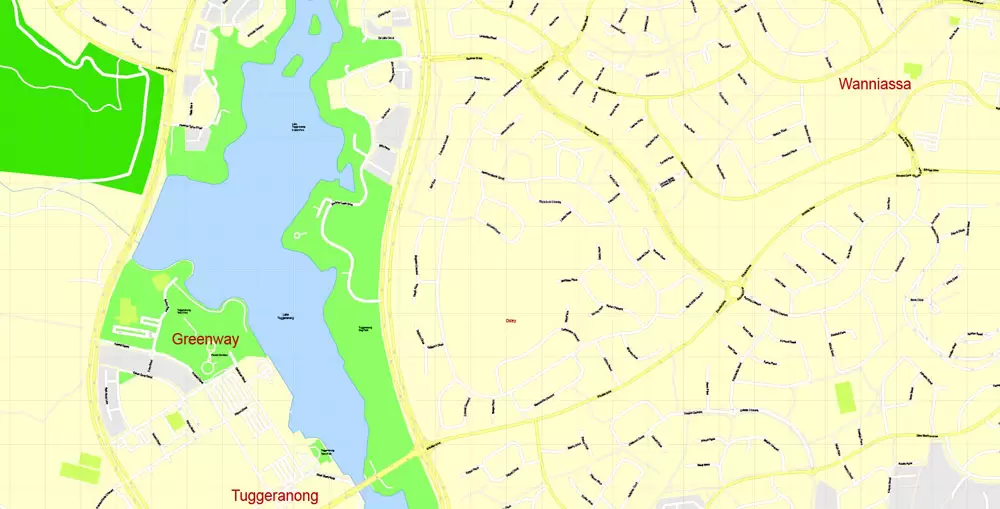 Printable Map Canberra, Australia, exact vector street map, V11.11, fully editable, Adobe Illustrator, G-View Level 17 (100 meters scale), full vector, scalable, editable, text format of street names, 8 Mb ZIP.