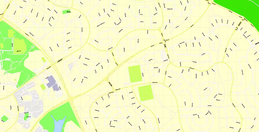 Printable Map Canberra, Australia, exact vector street map, V11.11, fully editable, Adobe Illustrator, G-View Level 17 (100 meters scale), full vector, scalable, editable, text format of street names, 8 Mb ZIP.