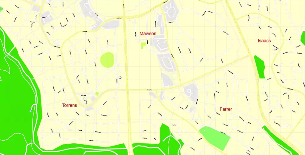 Printable Map Canberra, Australia, exact vector street map, V11.11, fully editable, Adobe Illustrator, G-View Level 17 (100 meters scale), full vector, scalable, editable, text format of street names, 8 Mb ZIP.