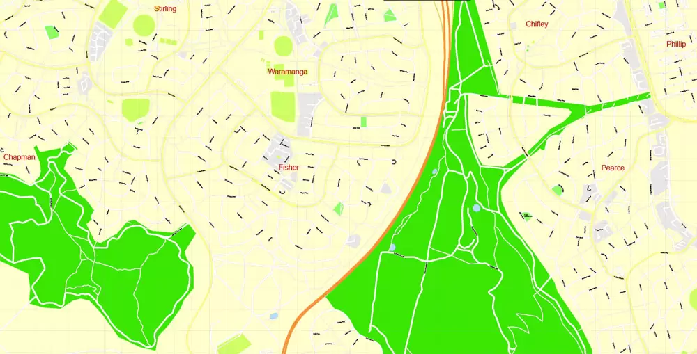 Printable Map Canberra, Australia, exact vector street map, V11.11, fully editable, Adobe Illustrator, G-View Level 17 (100 meters scale), full vector, scalable, editable, text format of street names, 8 Mb ZIP.