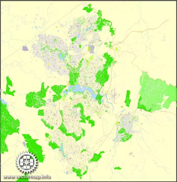 Printable Map Canberra, Australia, exact vector street map, V11.11, fully editable, Adobe Illustrator, G-View Level 17 (100 meters scale), full vector, scalable, editable, text format of street names, 8 Mb ZIP.