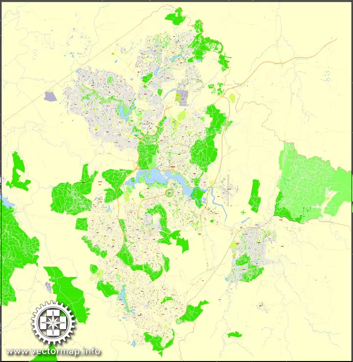 Printable Map Canberra, Australia, exact vector street map, V11.11, fully editable, Adobe Illustrator, G-View Level 17 (100 meters scale), full vector, scalable, editable, text format of street names, 8 Mb ZIP.