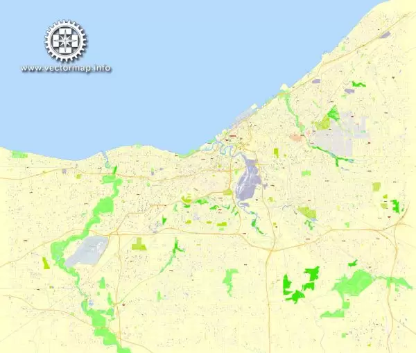 Printable Map Cleveland OH, exact vector street G-View Level 17 (100 meters scale) map, V.29.11. fully editable, Adobe Illustrator, full vector, scalable, editable text format of street names, 6 Mb ZIP.