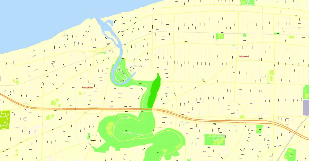 Printable Map Cleveland OH, exact vector street G-View Level 17 (100 meters scale) map, V.29.11. fully editable, Adobe Illustrator, full vector, scalable, editable text format of street names, 6 Mb ZIP.