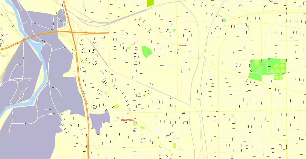 Printable Map Cleveland OH, exact vector street G-View Level 17 (100 meters scale) map, V.29.11. fully editable, Adobe Illustrator, full vector, scalable, editable text format of street names, 6 Mb ZIP.