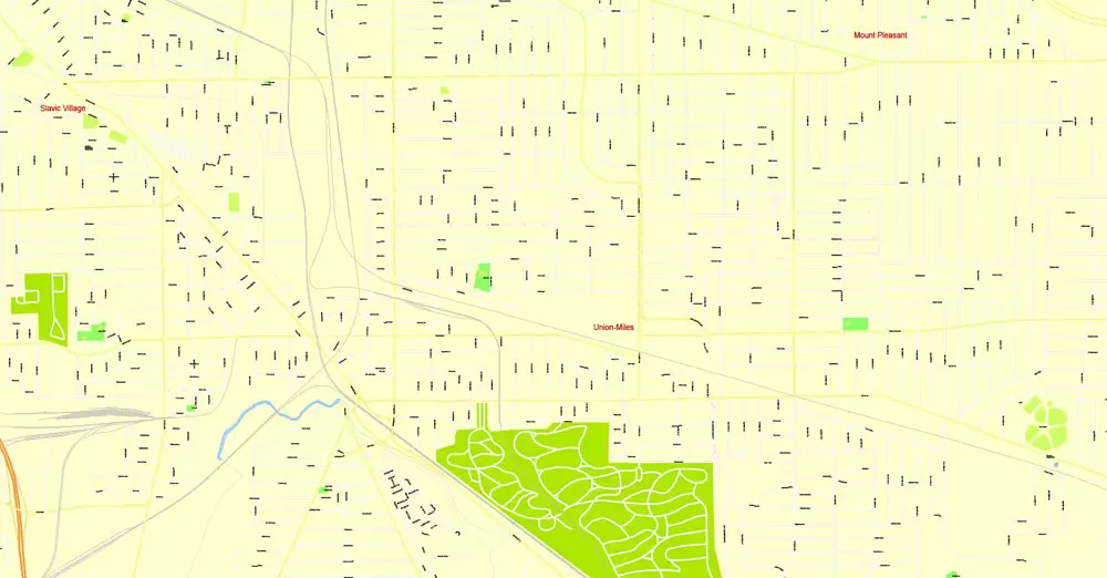 Printable Map Cleveland OH, exact vector street G-View Level 17 (100 meters scale) map, V.29.11. fully editable, Adobe Illustrator, full vector, scalable, editable text format of street names, 6 Mb ZIP.