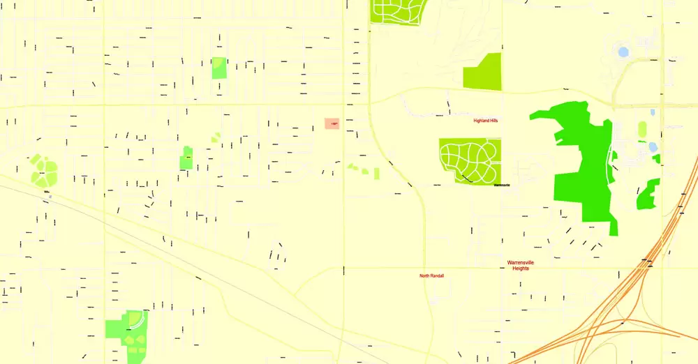 Printable Map Cleveland OH, exact vector street G-View Level 17 (100 meters scale) map, V.29.11. fully editable, Adobe Illustrator, full vector, scalable, editable text format of street names, 6 Mb ZIP.