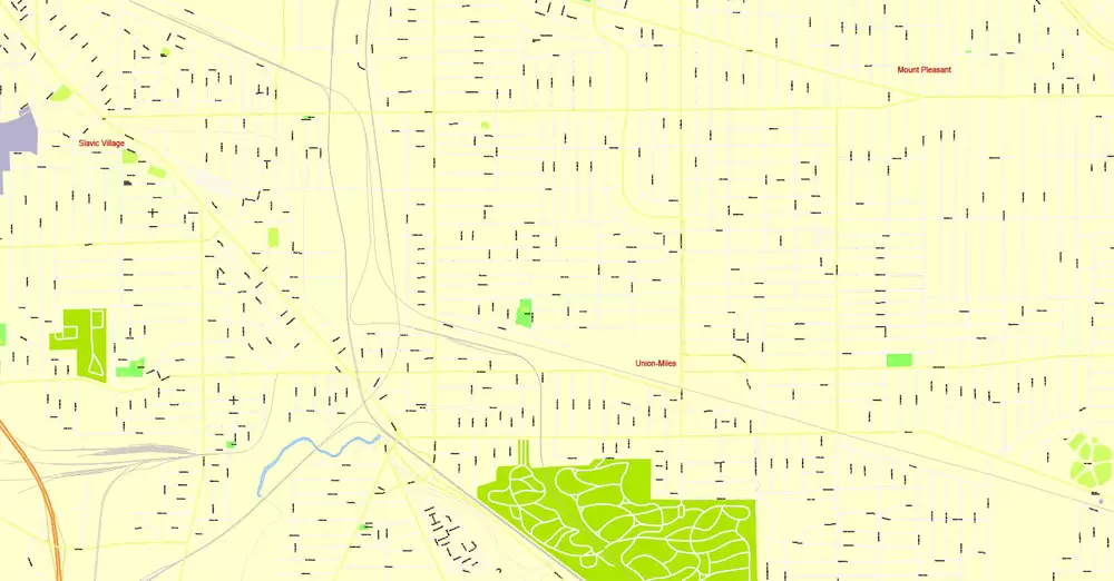 Printable Map Cleveland OH, exact vector street G-View Level 17 (100 meters scale) map, V.29.11. fully editable, Adobe Illustrator, full vector, scalable, editable text format of street names, 6 Mb ZIP.